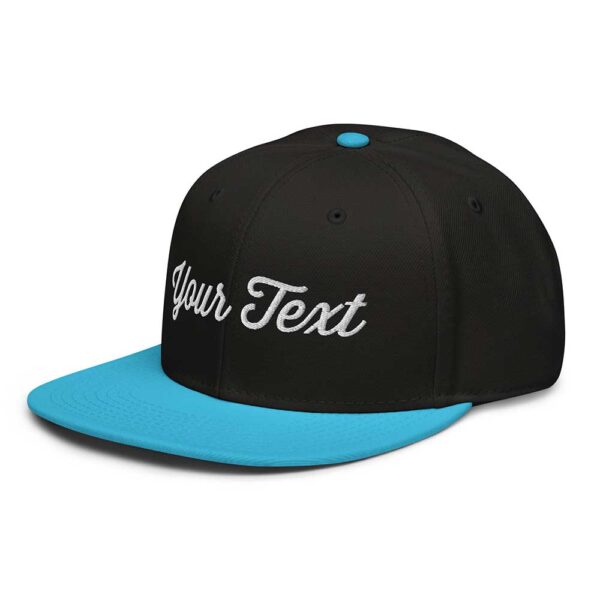 Aqua Blue/Black/Black Snapback (White Stitch, Cursive)