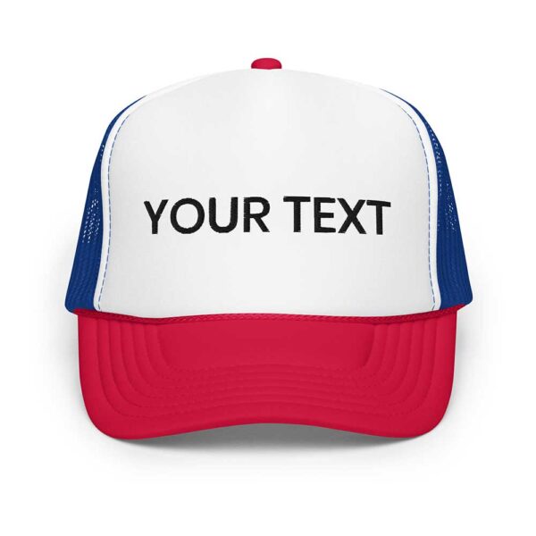 White/Royal/Red Foam Trucker Hat (Black Text)