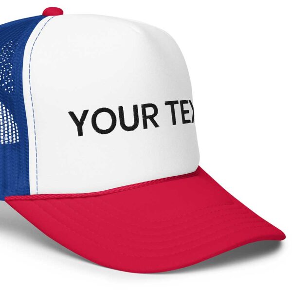 White/Royal/Red Foam Trucker Hat (Black Text) - Image 3